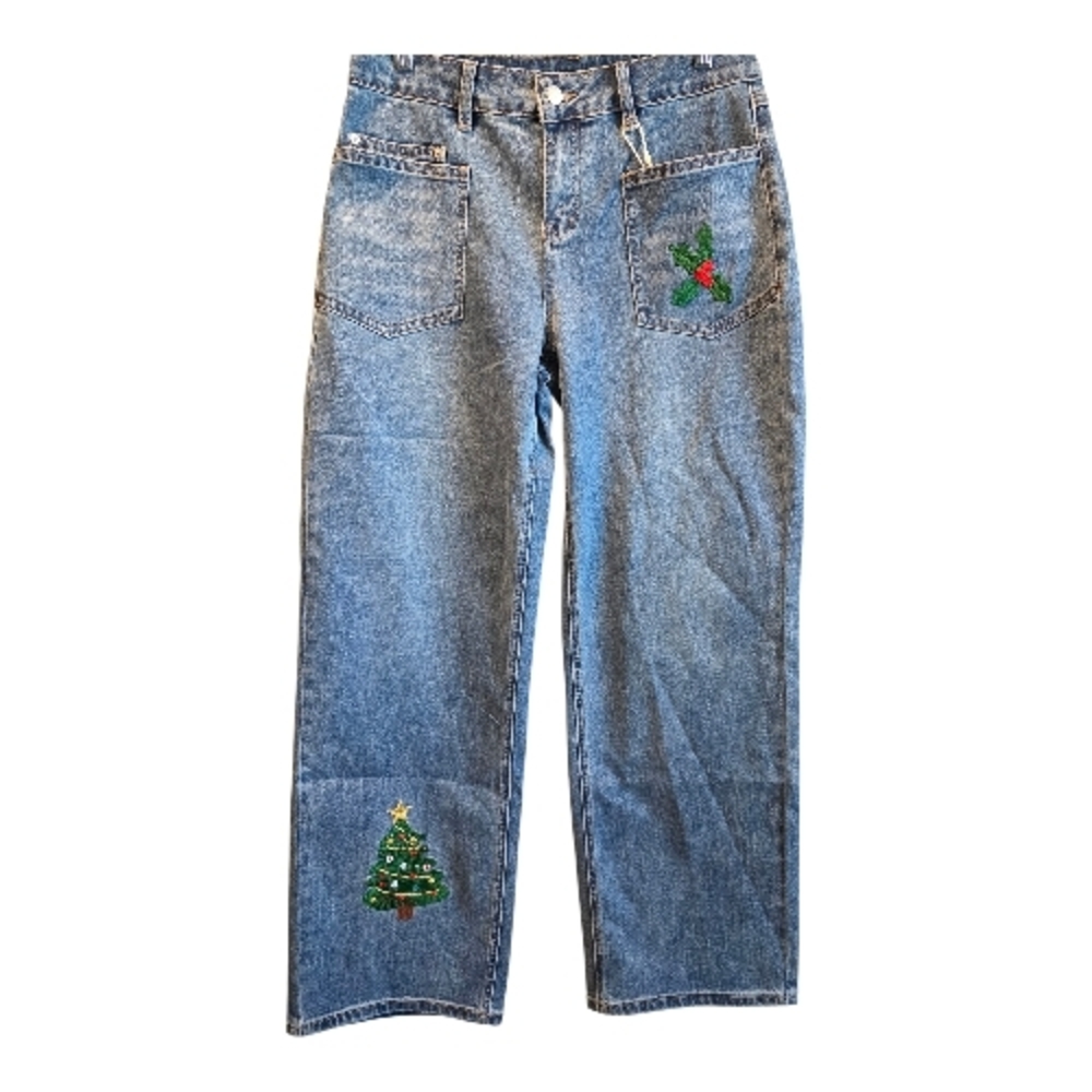 Flamingals Festive Blue Boot Cut Jeans with Embroidery
